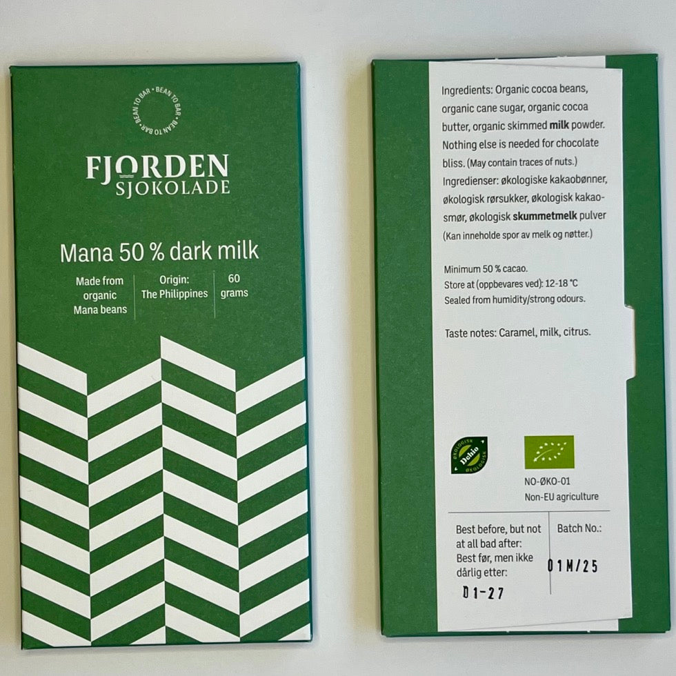 Mana 50 % mørk melkesjokolade fra Fjorden Sjokolade