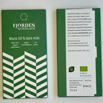 Mana 50 % mørk melkesjokolade fra Fjorden Sjokolade